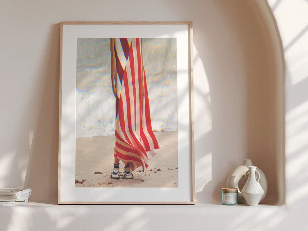 Surreal Altered Woman Portrait Wall Art - Red and White Stripes, Ocean Beach Aesthetic Decor for Home, Office | Untitled (40) Giclée Print