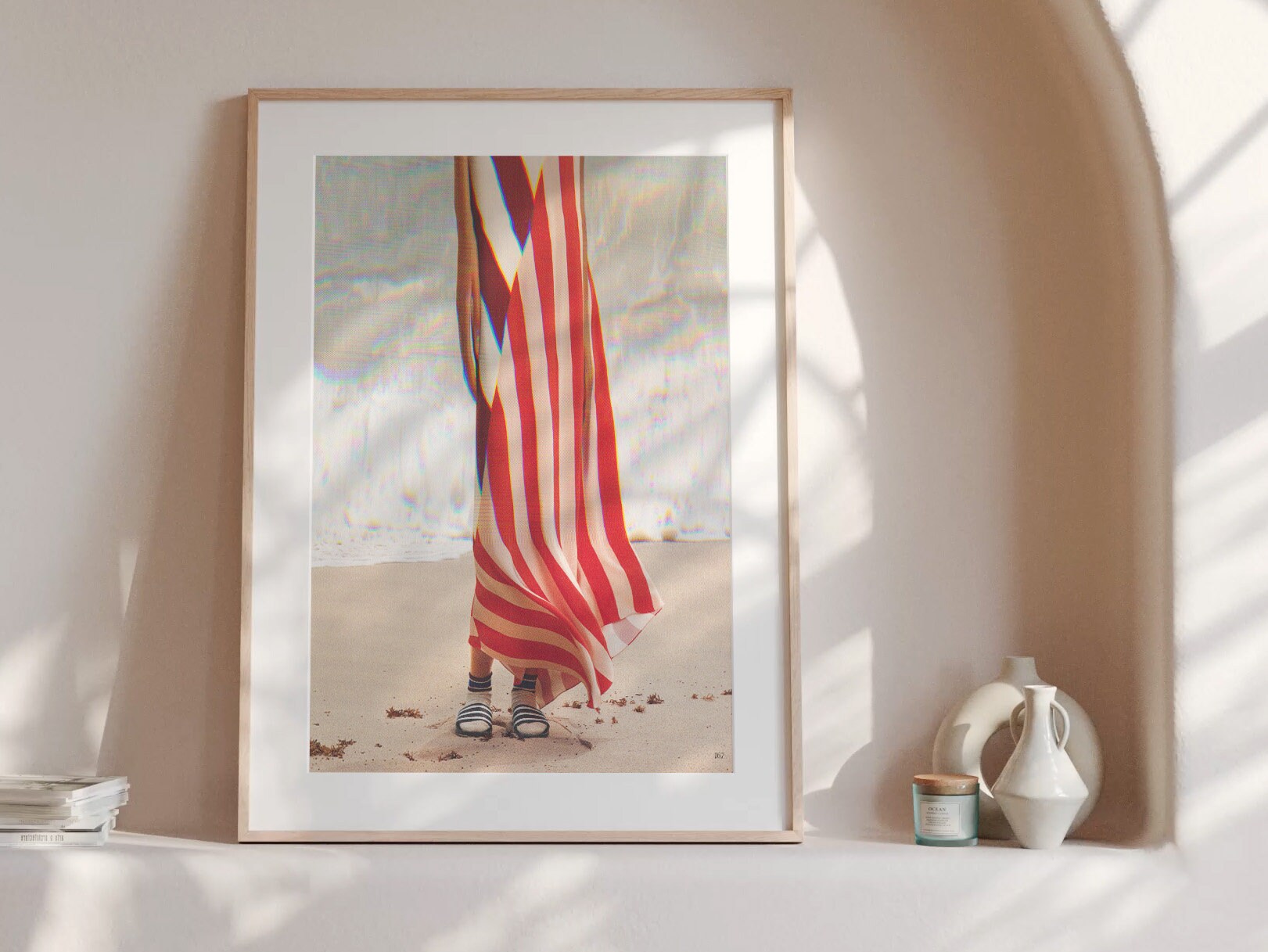 Surreal Altered Woman Portrait Wall Art - Red and White Stripes, Ocean Beach Aesthetic Decor for Home, Office | Untitled (40) Giclée Print