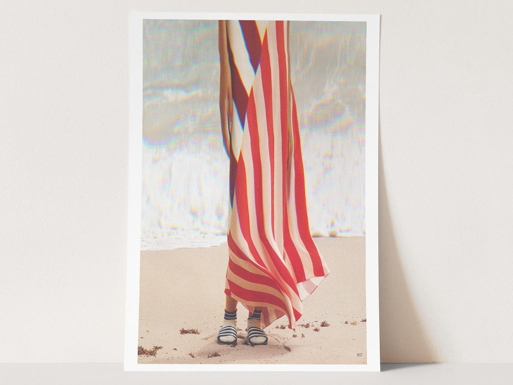 Surreal Altered Woman Portrait Wall Art - Red and White Stripes, Ocean Beach Aesthetic Decor for Home, Office | Untitled (40) Giclée Print