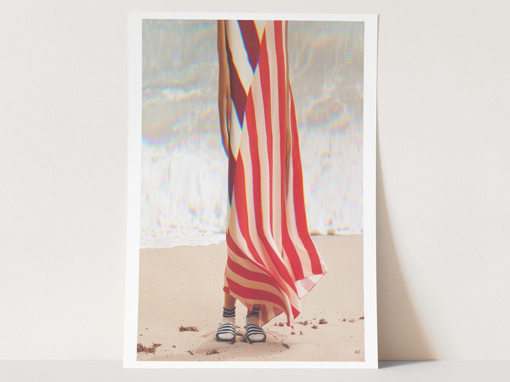 Surreal Altered Woman Portrait Wall Art - Red and White Stripes, Ocean Beach Aesthetic Decor for Home, Office | Untitled (40) Giclée Print