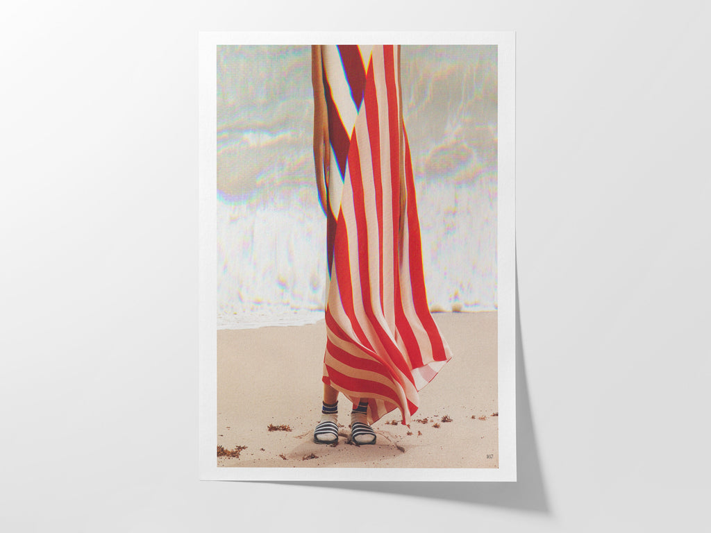 Surreal Altered Woman Portrait Wall Art - Red and White Stripes, Ocean Beach Aesthetic Decor for Home, Office | Untitled (40) Giclée Print