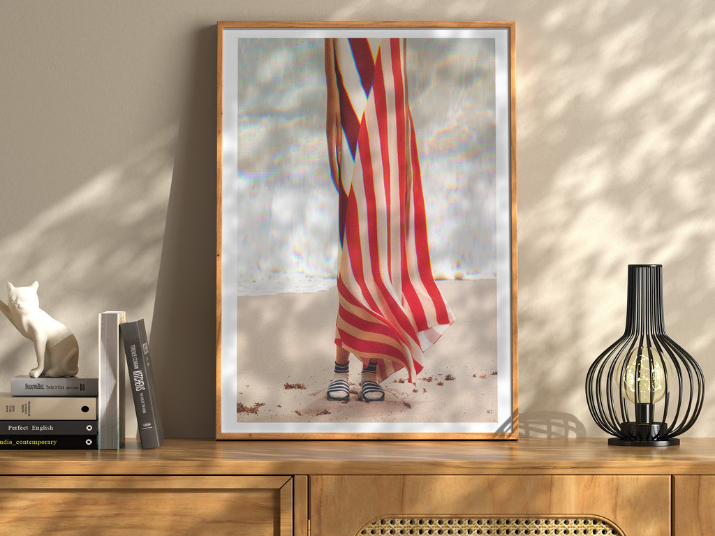 Surreal Altered Woman Portrait Wall Art - Red and White Stripes, Ocean Beach Aesthetic Decor for Home, Office | Untitled (40) Giclée Print