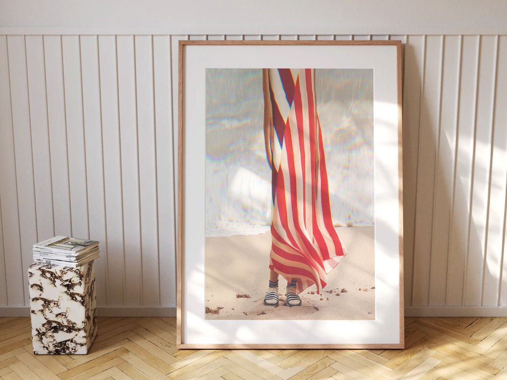 Surreal Altered Woman Portrait Wall Art - Red and White Stripes, Ocean Beach Aesthetic Decor for Home, Office | Untitled (40) Giclée Print
