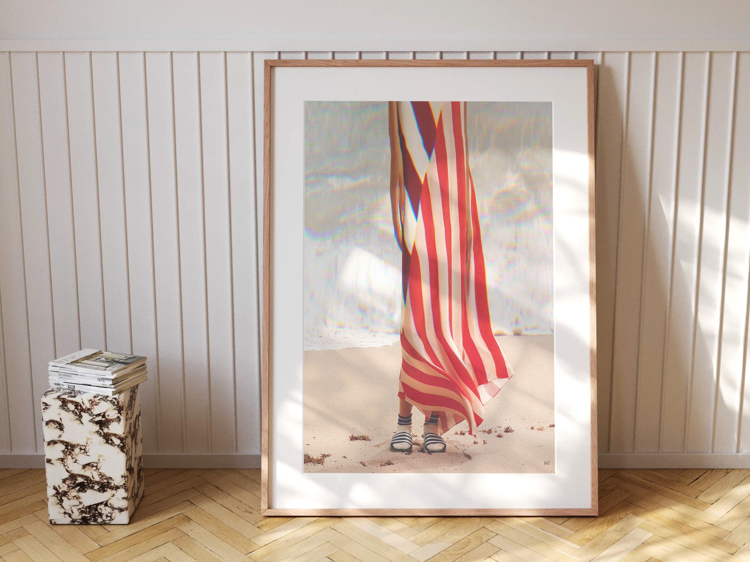 Surreal Altered Woman Portrait Wall Art - Red and White Stripes, Ocean Beach Aesthetic Decor for Home, Office | Untitled (40) Giclée Print