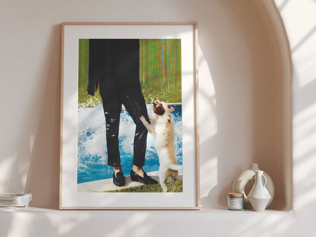 Blue Green Altered Fashion Photo Wall Art - Man and Dog Near Pool, Eclectic Decor for Home, Office, Living Room | Untitled (47) Giclée Print