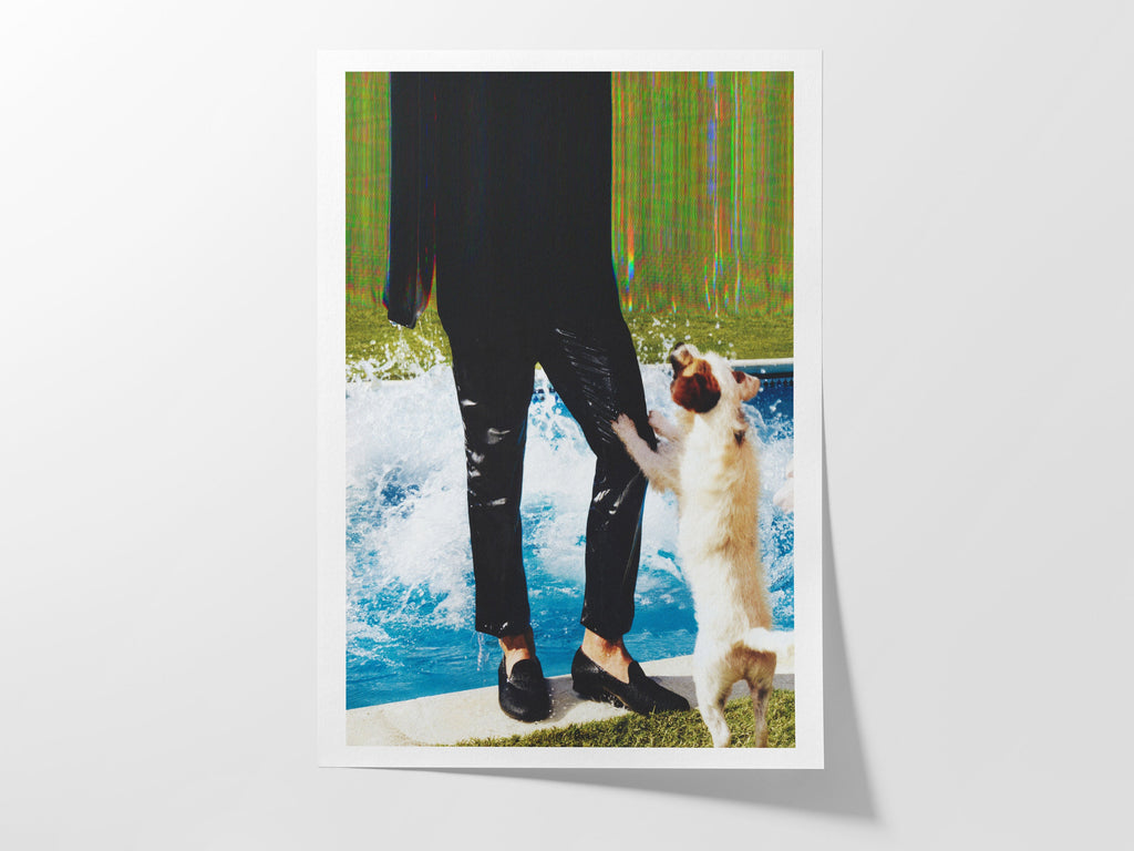 Blue Green Altered Fashion Photo Wall Art - Man and Dog Near Pool, Eclectic Decor for Home, Office, Living Room | Untitled (47) Giclée Print
