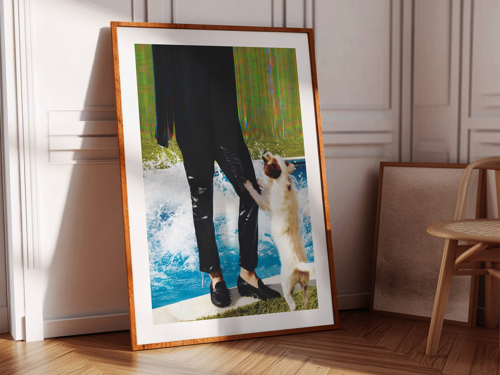 Blue Green Altered Fashion Photo Wall Art - Man and Dog Near Pool, Eclectic Decor for Home, Office, Living Room | Untitled (47) Giclée Print
