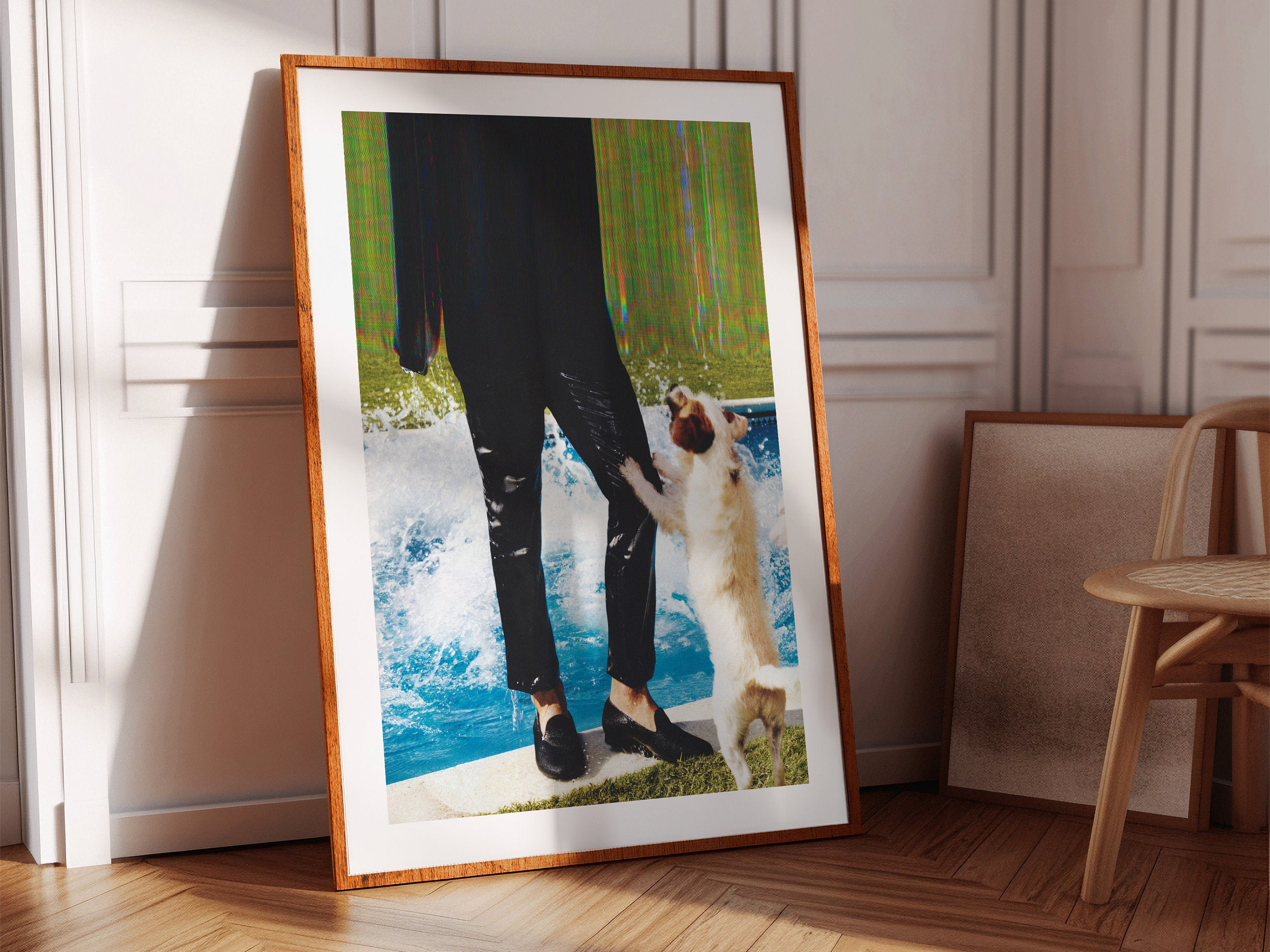 Blue Green Altered Fashion Photo Wall Art - Man and Dog Near Pool, Eclectic Decor for Home, Office, Living Room | Untitled (47) Giclée Print