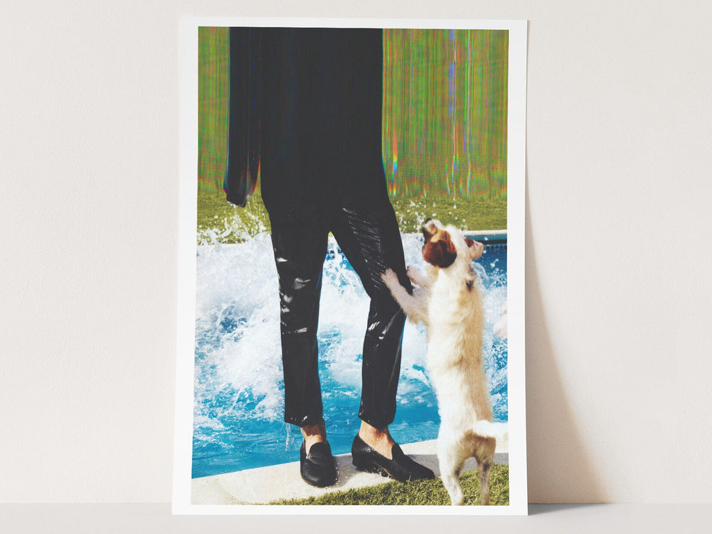 Blue Green Altered Fashion Photo Wall Art - Man and Dog Near Pool, Eclectic Decor for Home, Office, Living Room | Untitled (47) Giclée Print