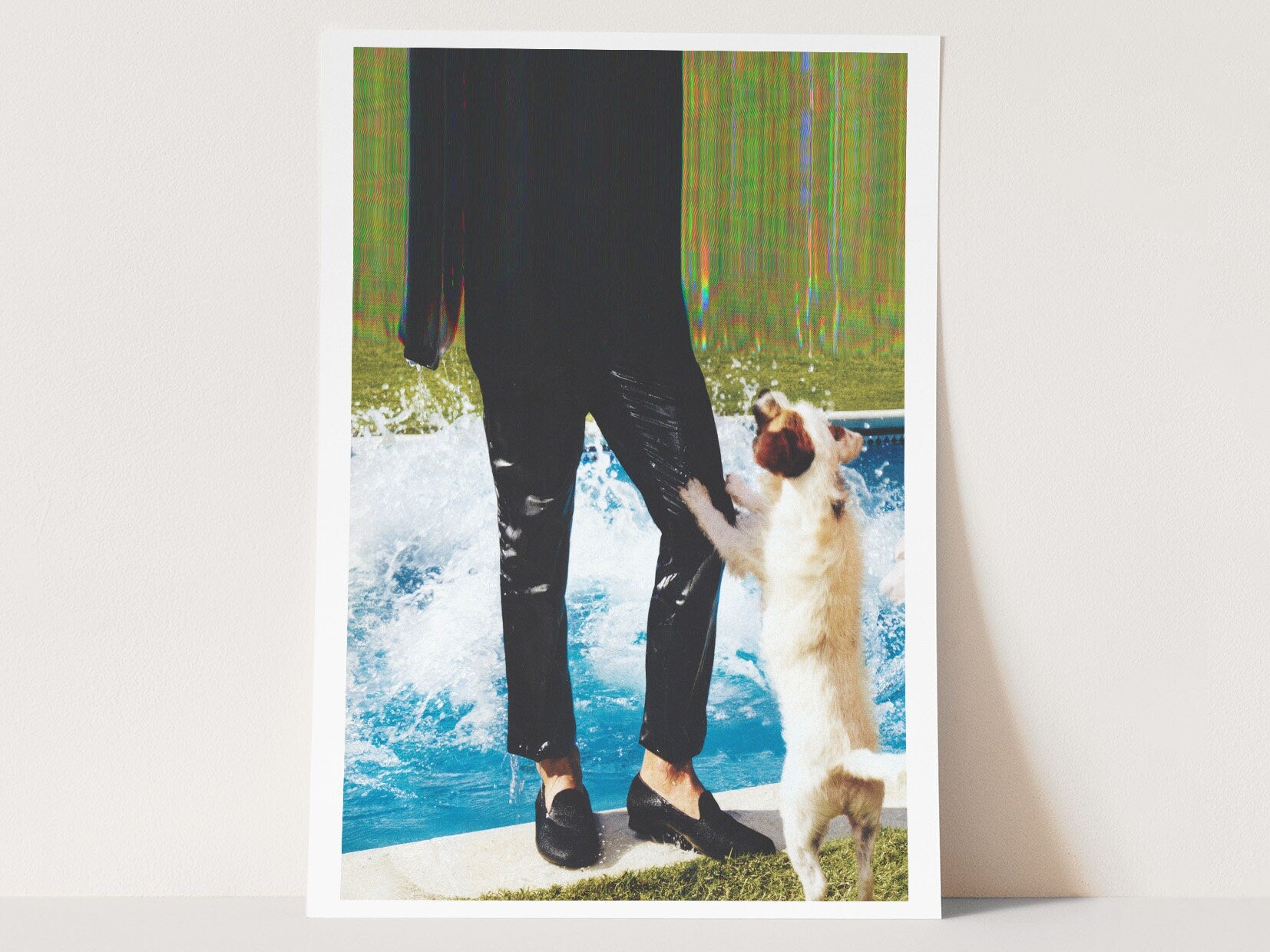 Blue Green Altered Fashion Photo Wall Art - Man and Dog Near Pool, Eclectic Decor for Home, Office, Living Room | Untitled (47) Giclée Print