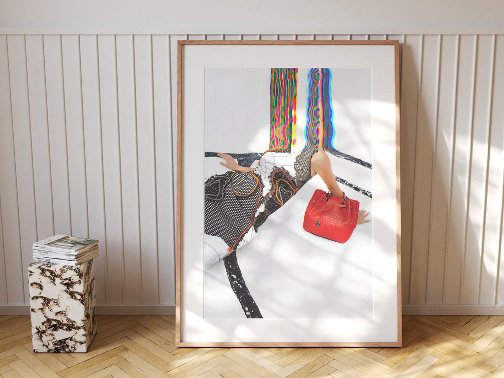 Surreal Fashion Portrait with Red Handbag - Colorful Glitch Art for Modern Home Decor | Untitled (52) Giclée Print