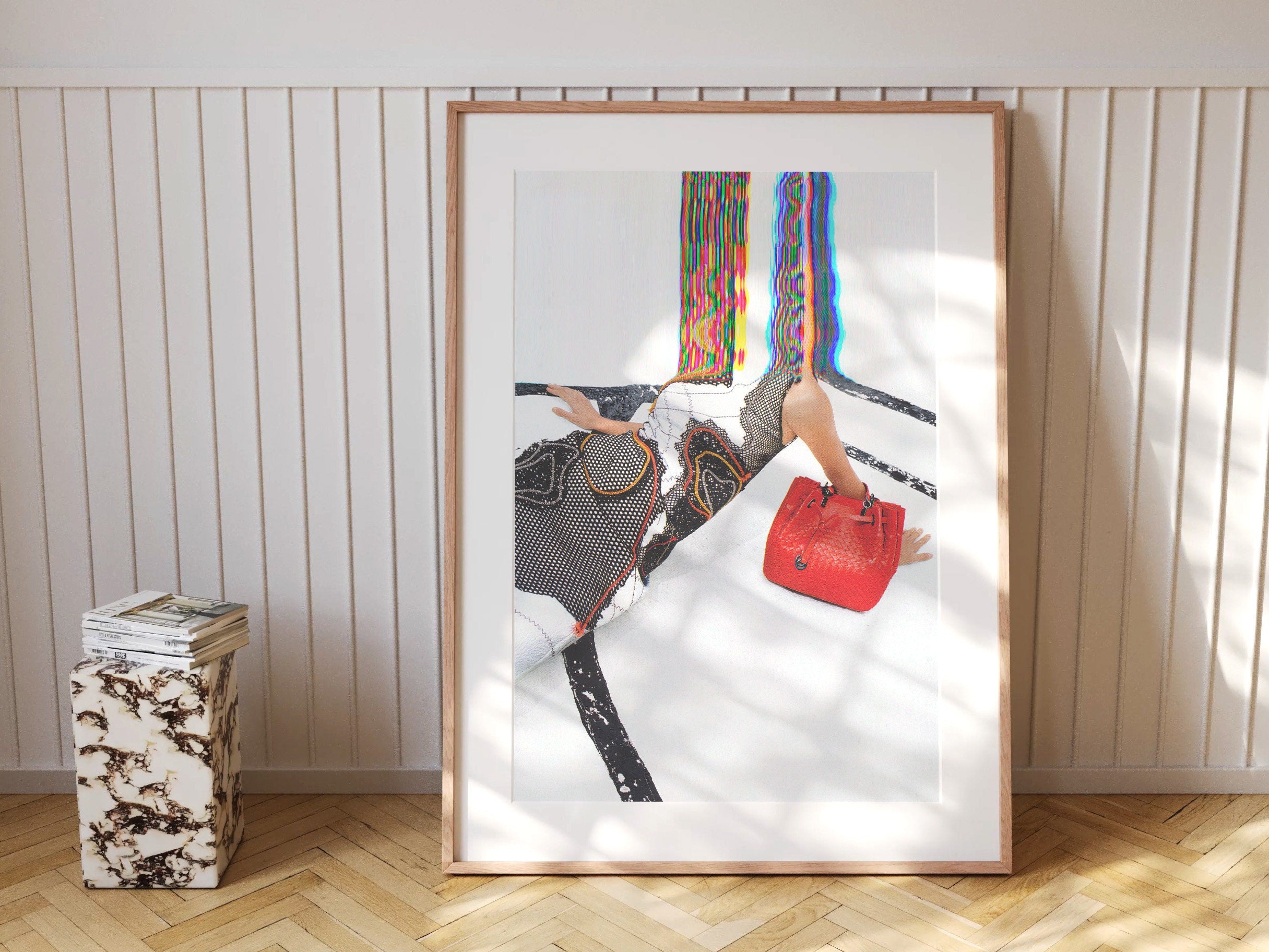 Surreal Fashion Portrait with Red Handbag - Colorful Glitch Art for Modern Home Decor | Untitled (52) Giclée Print