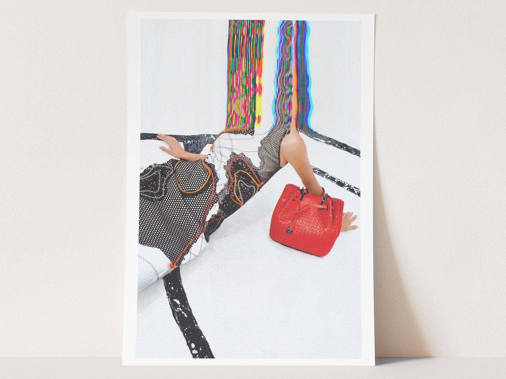 Surreal Fashion Portrait with Red Handbag - Colorful Glitch Art for Modern Home Decor | Untitled (52) Giclée Print