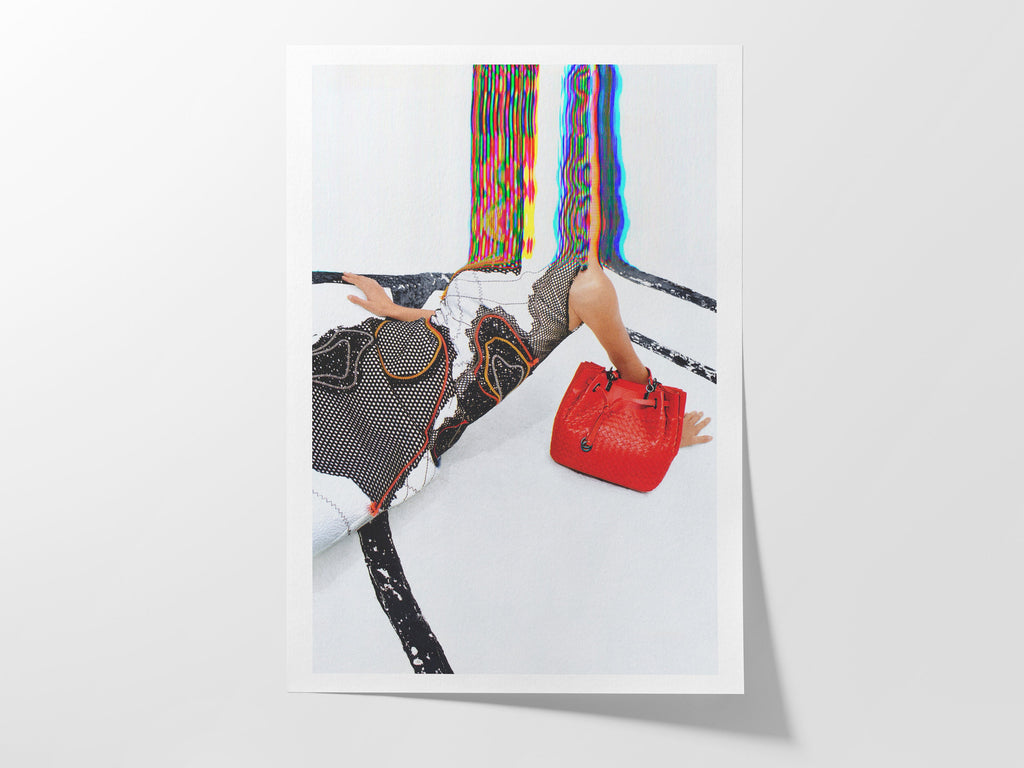 Surreal Fashion Portrait with Red Handbag - Colorful Glitch Art for Modern Home Decor | Untitled (52) Giclée Print