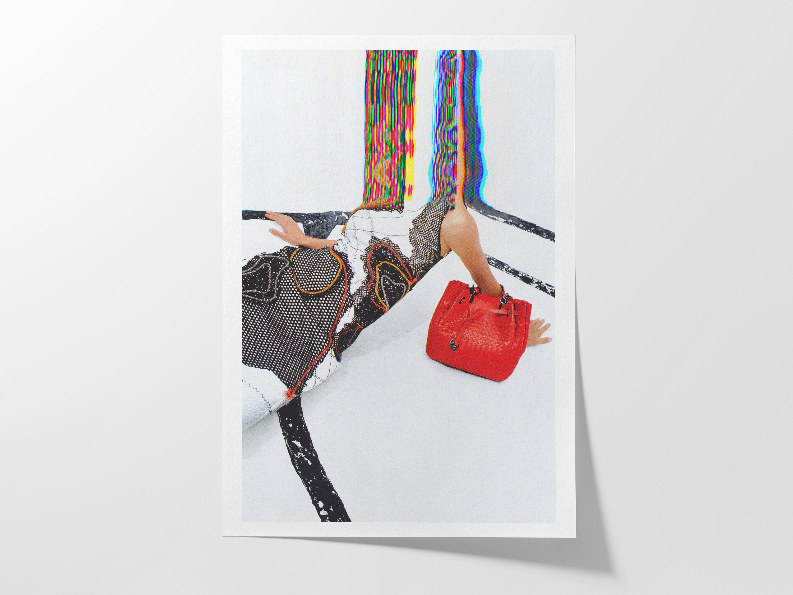Surreal Fashion Portrait with Red Handbag - Colorful Glitch Art for Modern Home Decor | Untitled (52) Giclée Print