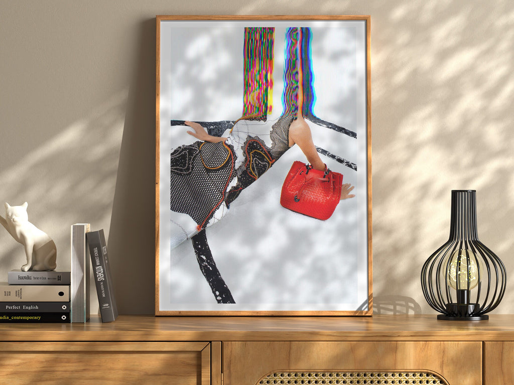 Surreal Fashion Portrait with Red Handbag - Colorful Glitch Art for Modern Home Decor | Untitled (52) Giclée Print
