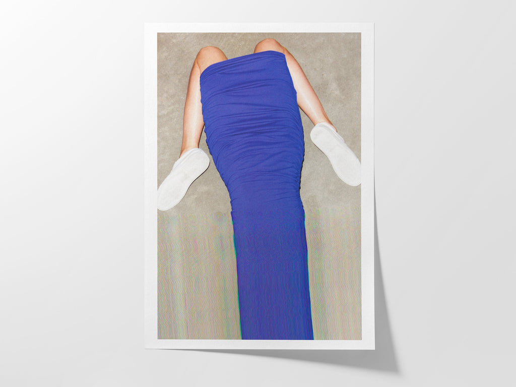 Surreal Altered Fashion Photo Art - Bold Blue Draped Dress with Minimalist Footwear for Contemporary Decor | Untitled (62) Giclée Print
