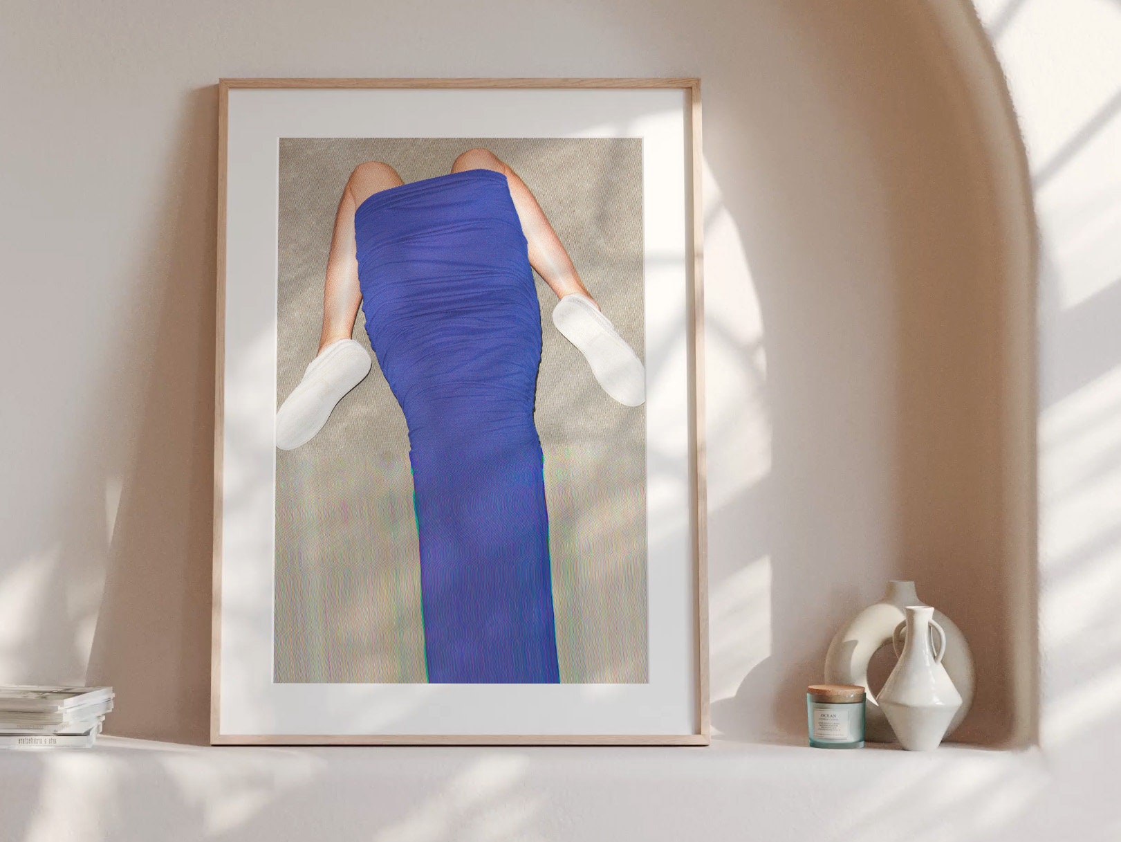 Surreal Altered Fashion Photo Art - Bold Blue Draped Dress with Minimalist Footwear for Contemporary Decor | Untitled (62) Giclée Print