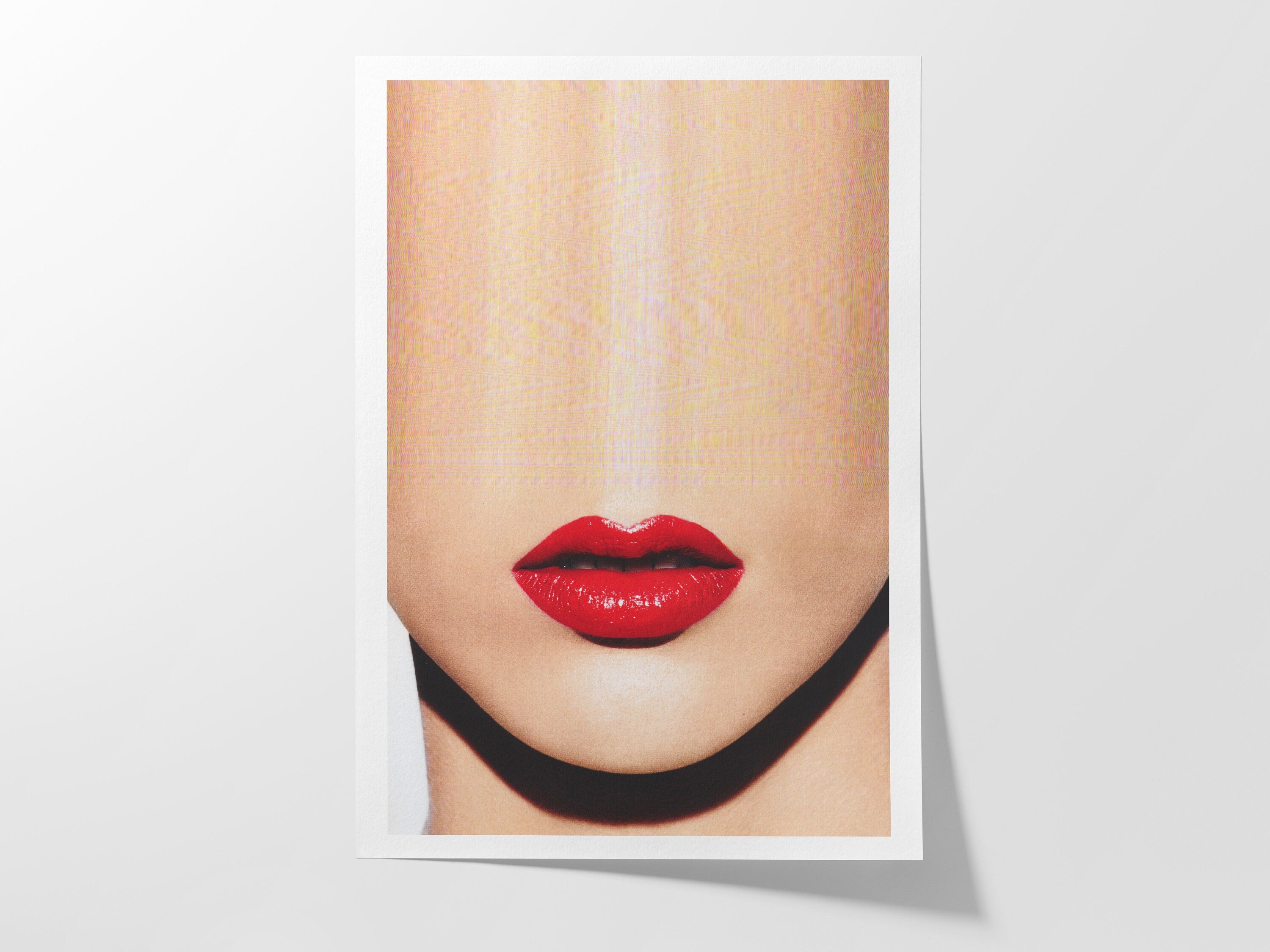 Surreal Altered Red Lips Portrait - Bold Minimalist Artwork for Contemporary Home Decor | Untitled (70) Giclée Print