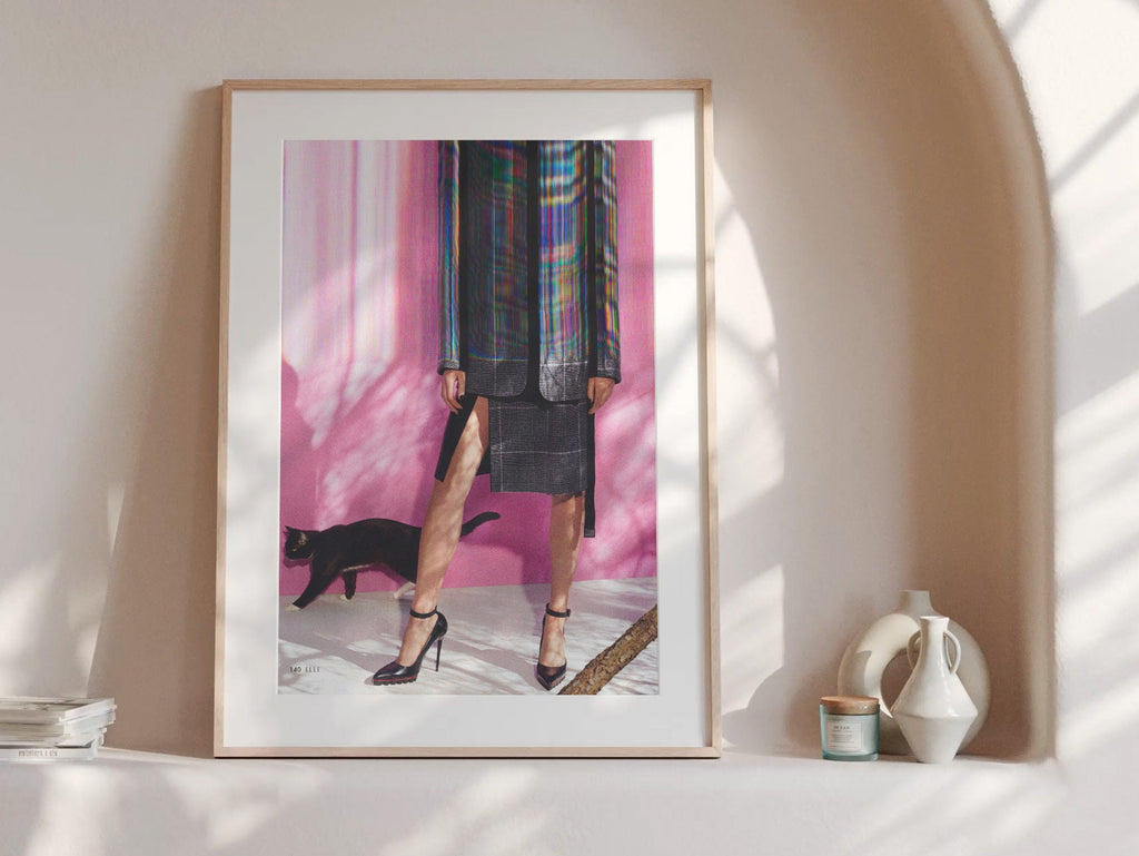 Chic Altered Fashion Portrait with Cat - Playful Surreal Wall Art for Contemporary Home Decor | Untitled (81) Giclée Print
