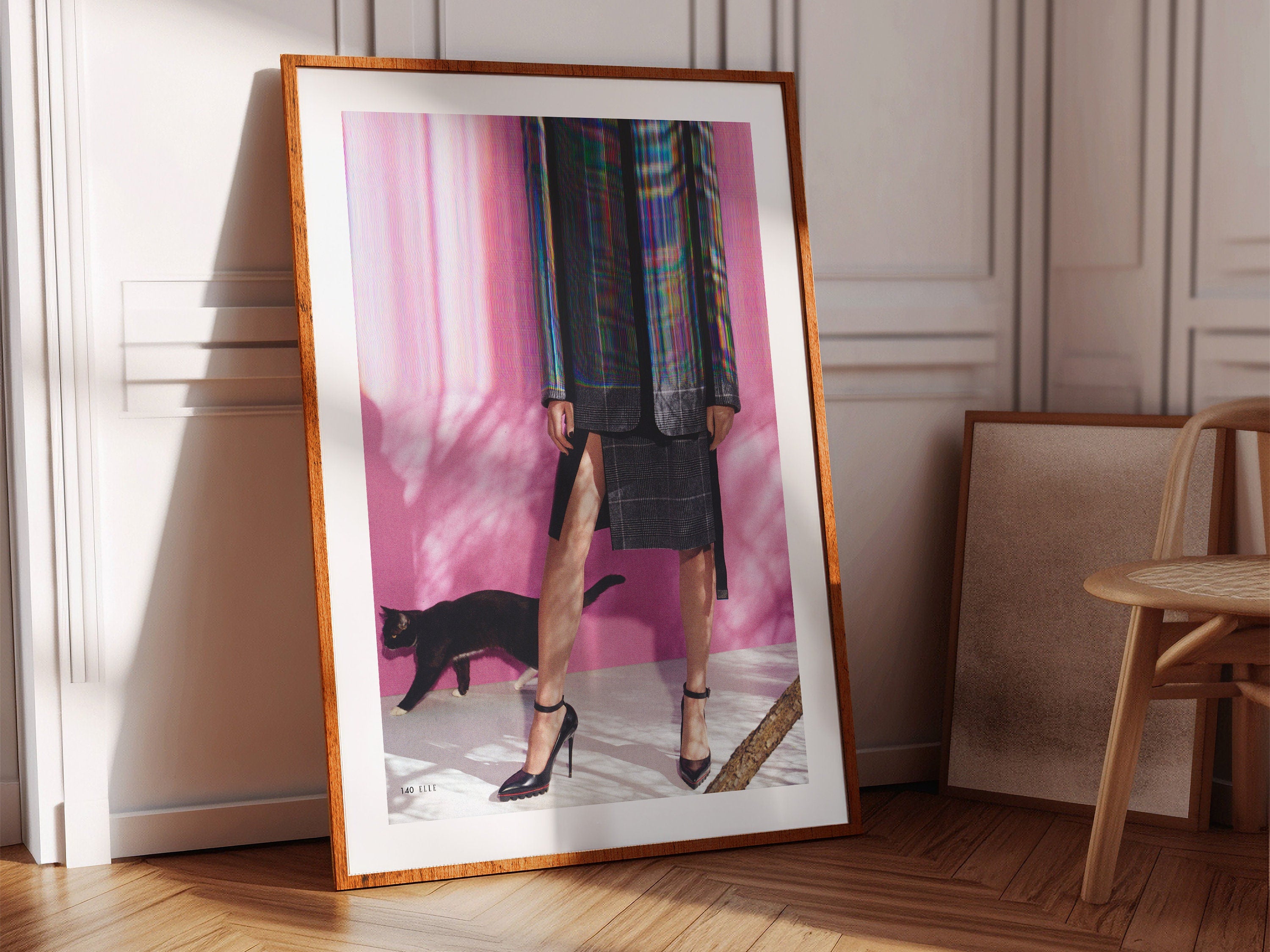 Chic Altered Fashion Portrait with Cat - Playful Surreal Wall Art for Contemporary Home Decor | Untitled (81) Giclée Print