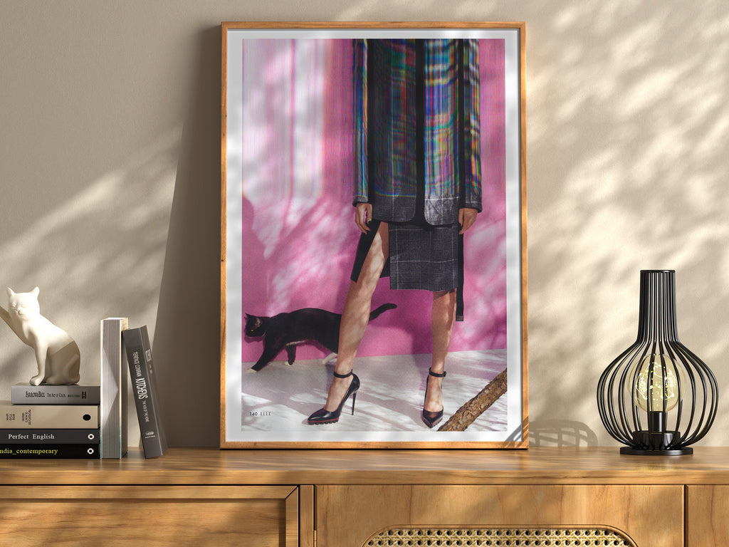 Chic Altered Fashion Portrait with Cat - Playful Surreal Wall Art for Contemporary Home Decor | Untitled (81) Giclée Print