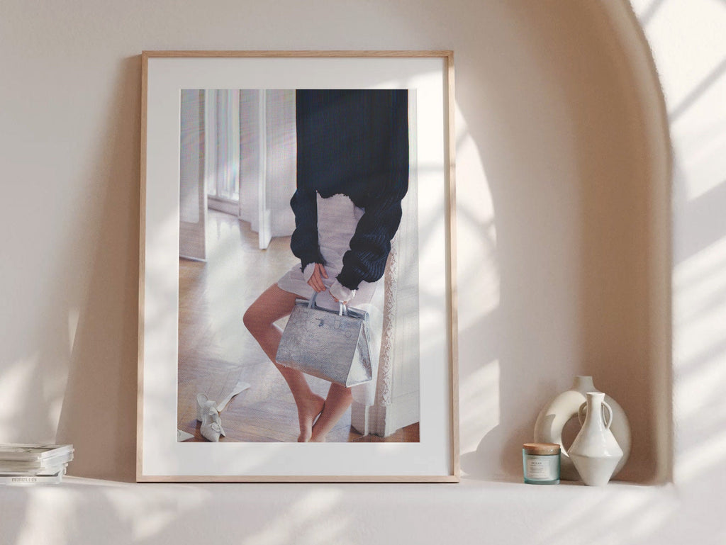 Chic Minimalist Fashion Portrait Wall Art - Elegant Silver Handbag and Cozy Knit Sweater Decor for Home | Untitled (109) Giclée Print