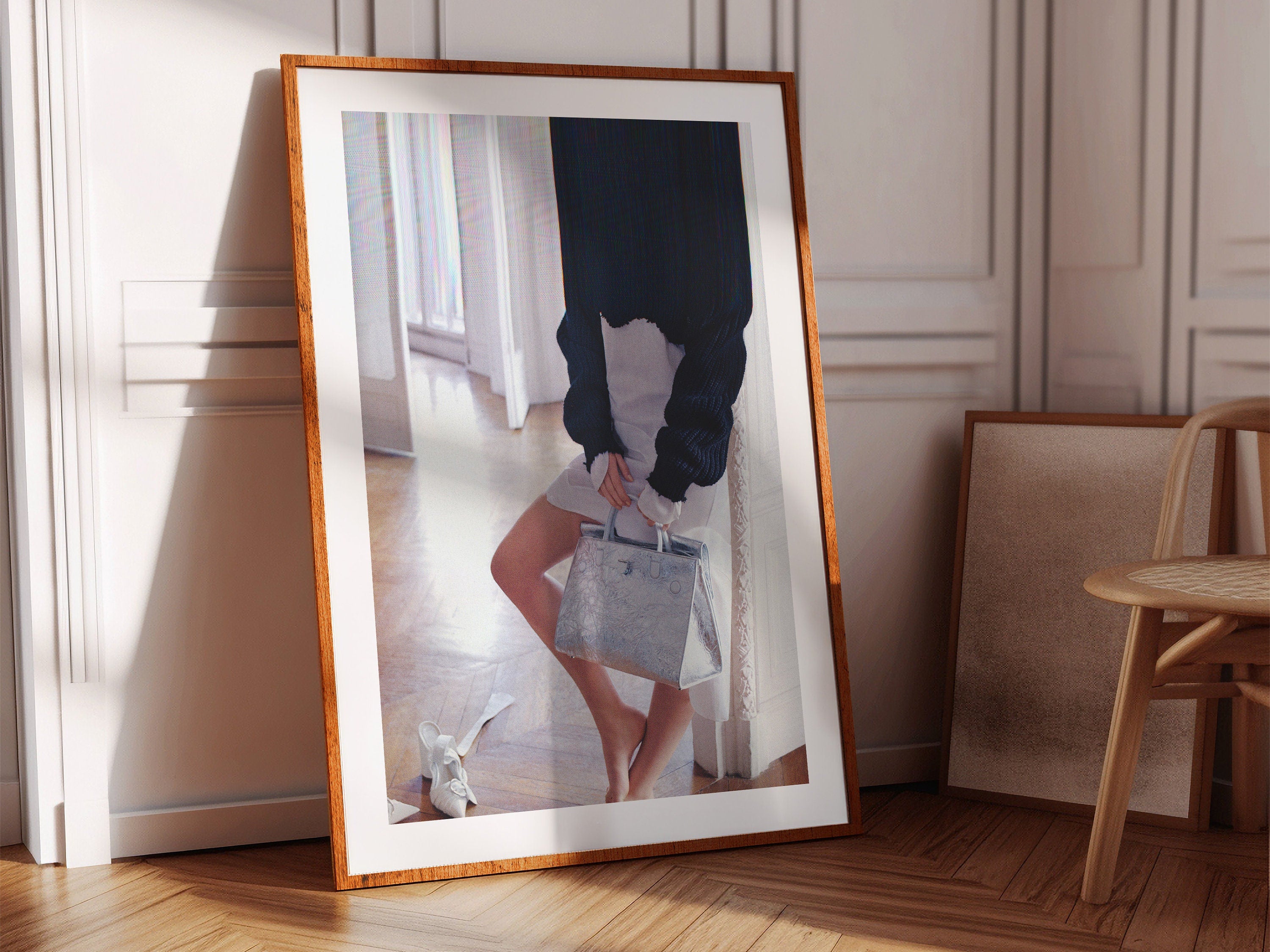 Chic Minimalist Fashion Portrait Wall Art - Elegant Silver Handbag and Cozy Knit Sweater Decor for Home | Untitled (109) Giclée Print