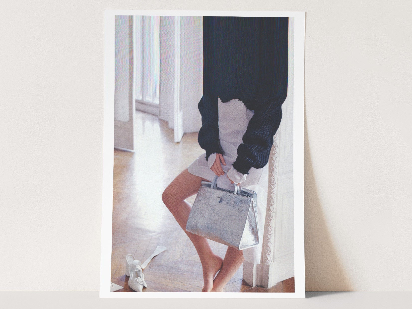 Chic Minimalist Fashion Portrait Wall Art - Elegant Silver Handbag and Cozy Knit Sweater Decor for Home | Untitled (109) Giclée Print