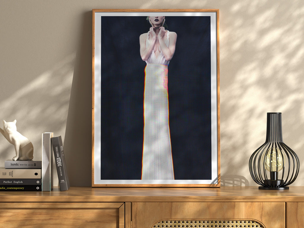 Surreal Elegant White Dress Portrait - Unique Altered Fashion Art for Contemporary Home Decor | Untitled (151) Giclée Print