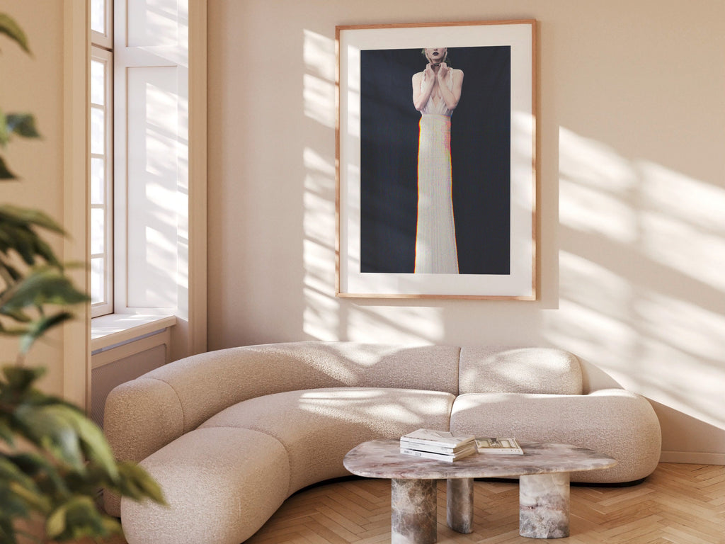 Surreal Elegant White Dress Portrait - Unique Altered Fashion Art for Contemporary Home Decor | Untitled (151) Giclée Print