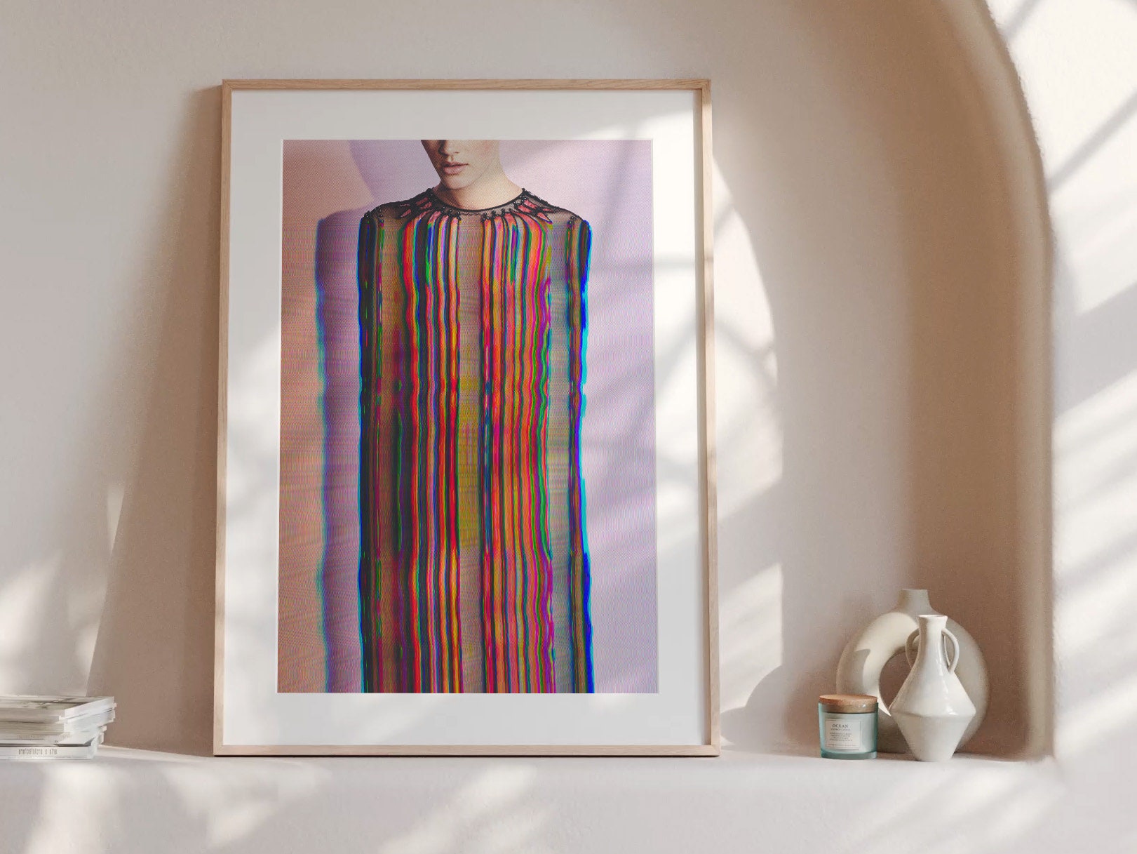 Glitch Altered Female Portrait Artwork - Colorful Purple Pastel Wall Decor for Living Room, Bathroom Bedroom | Untitled (158) Giclée Print