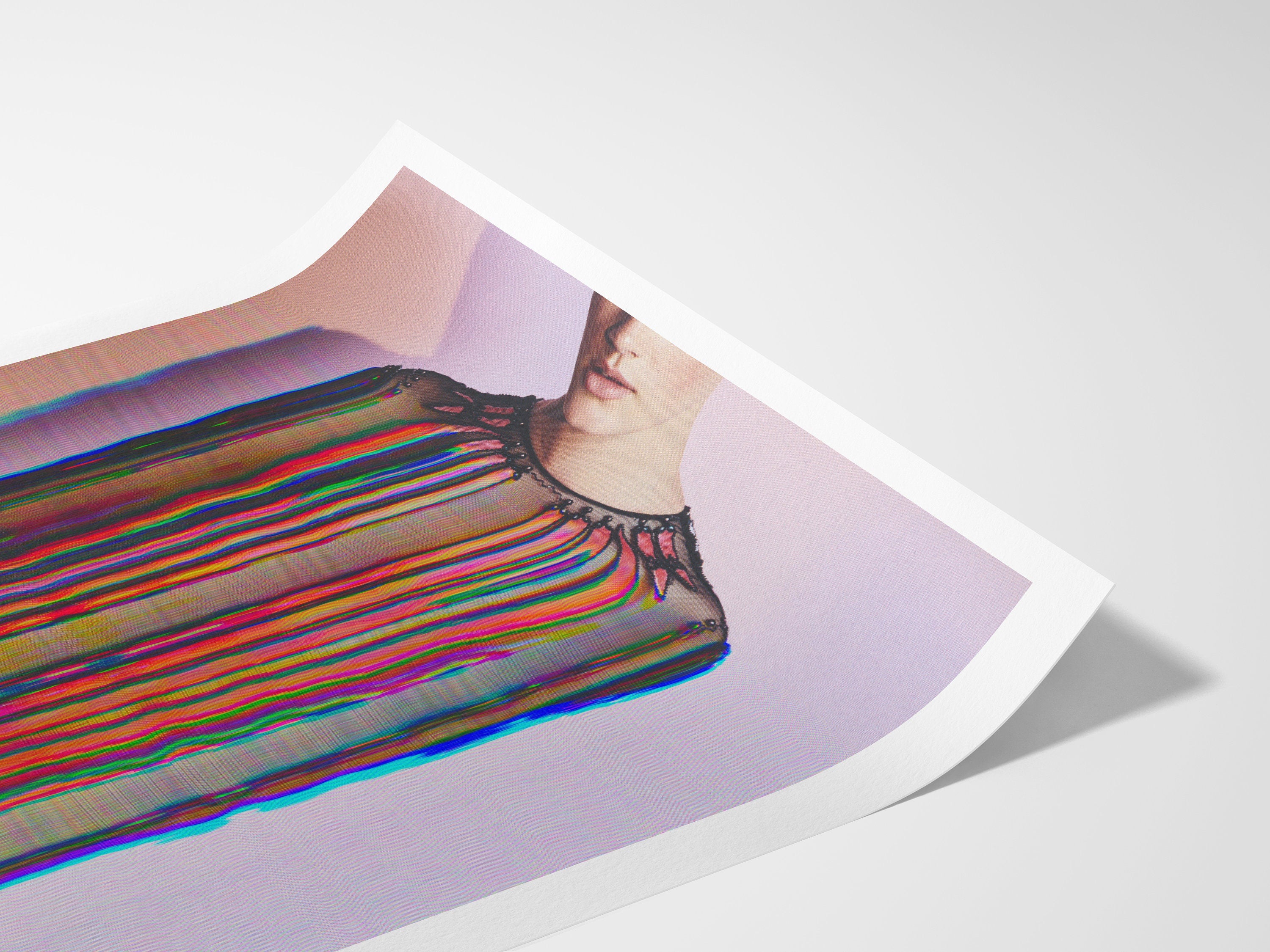 Glitch Altered Female Portrait Artwork - Colorful Purple Pastel Wall Decor for Living Room, Bathroom Bedroom | Untitled (158) Giclée Print