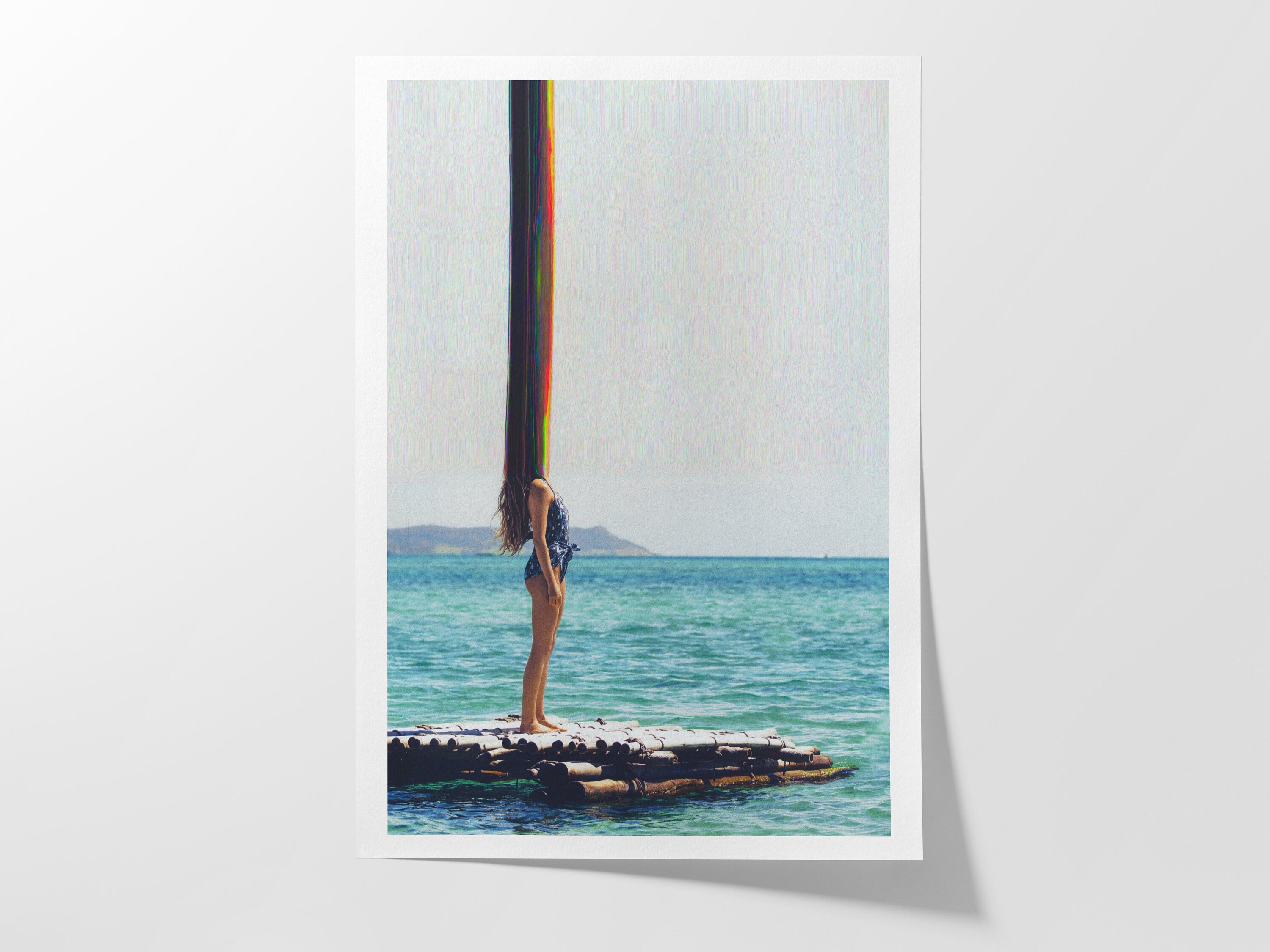 Trippy Altered Woman Portrait Wall Art - Beautiful Blue Ocean Photo Wall Decor For Home, Office, Apartment | Untitled (172) Giclée Print