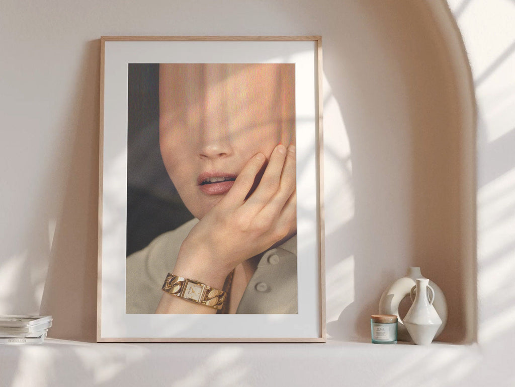 Glitch Altered Woman's Watch Ad Portrait Photo Art - Funky Postmodern Wall Decor for Home, Office, Bedroom | Untitled (195) Giclée Print