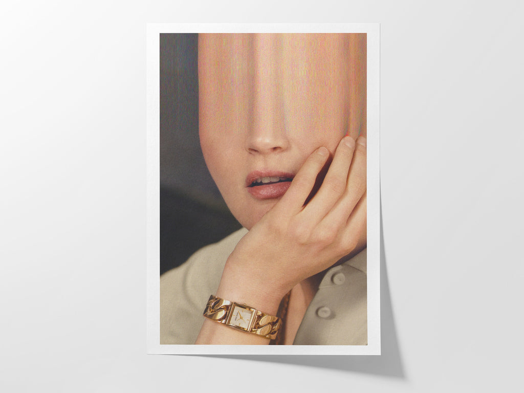 Glitch Altered Woman's Watch Ad Portrait Photo Art - Funky Postmodern Wall Decor for Home, Office, Bedroom | Untitled (195) Giclée Print