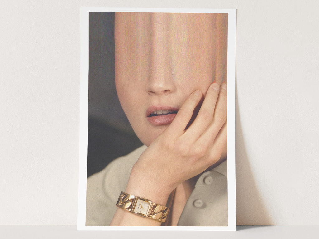 Glitch Altered Woman's Watch Ad Portrait Photo Art - Funky Postmodern Wall Decor for Home, Office, Bedroom | Untitled (195) Giclée Print