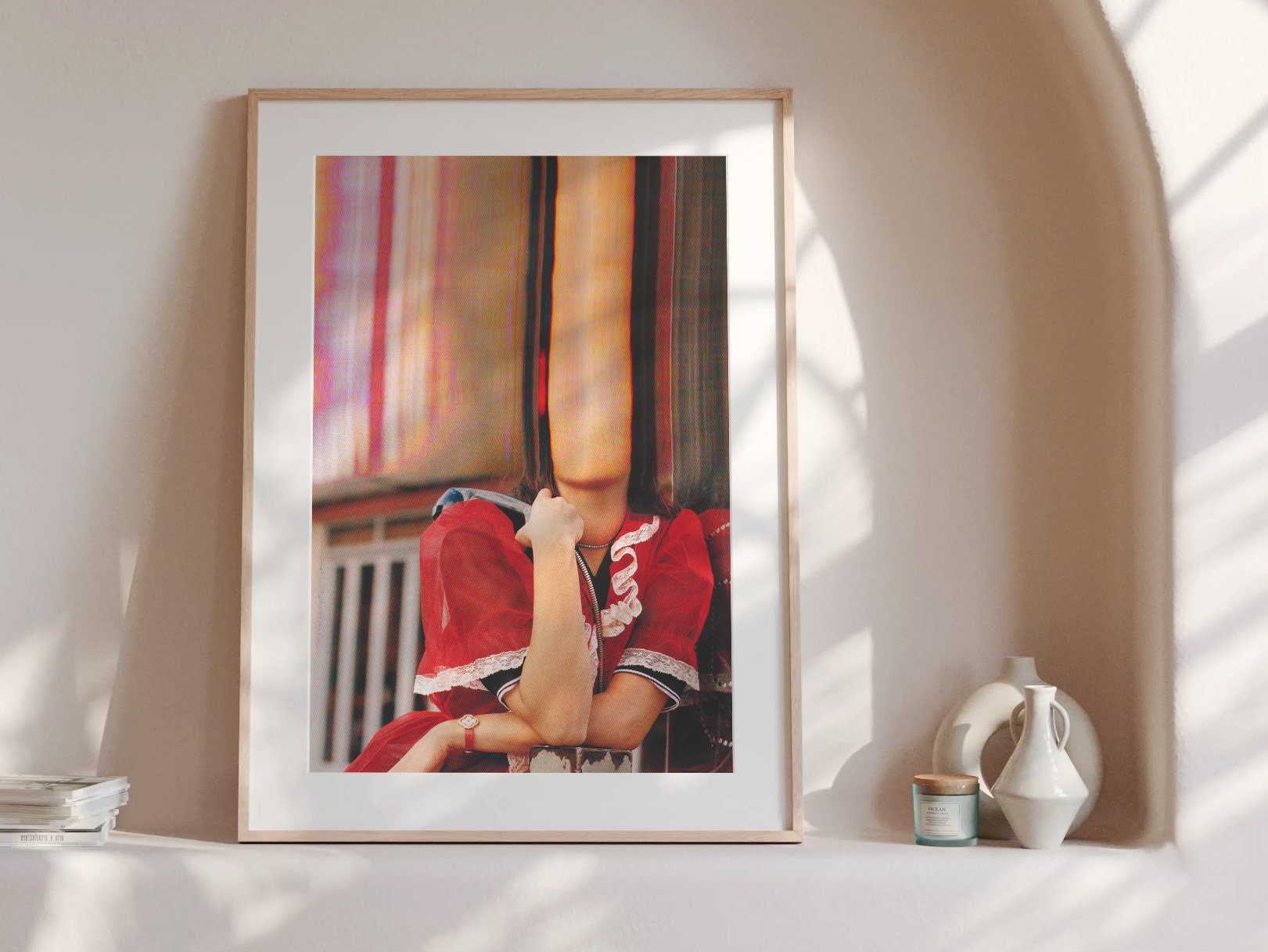 Altered Romantic Portrait Photo - Red, White Woman Holding Payphone, Cute Wall Decor for Home, Office, Bedroom | Untitled (208) Giclée Print