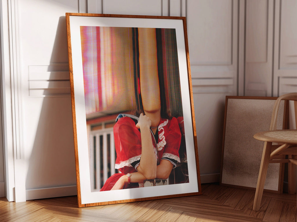 Altered Romantic Portrait Photo - Red, White Woman Holding Payphone, Cute Wall Decor for Home, Office, Bedroom | Untitled (208) Giclée Print