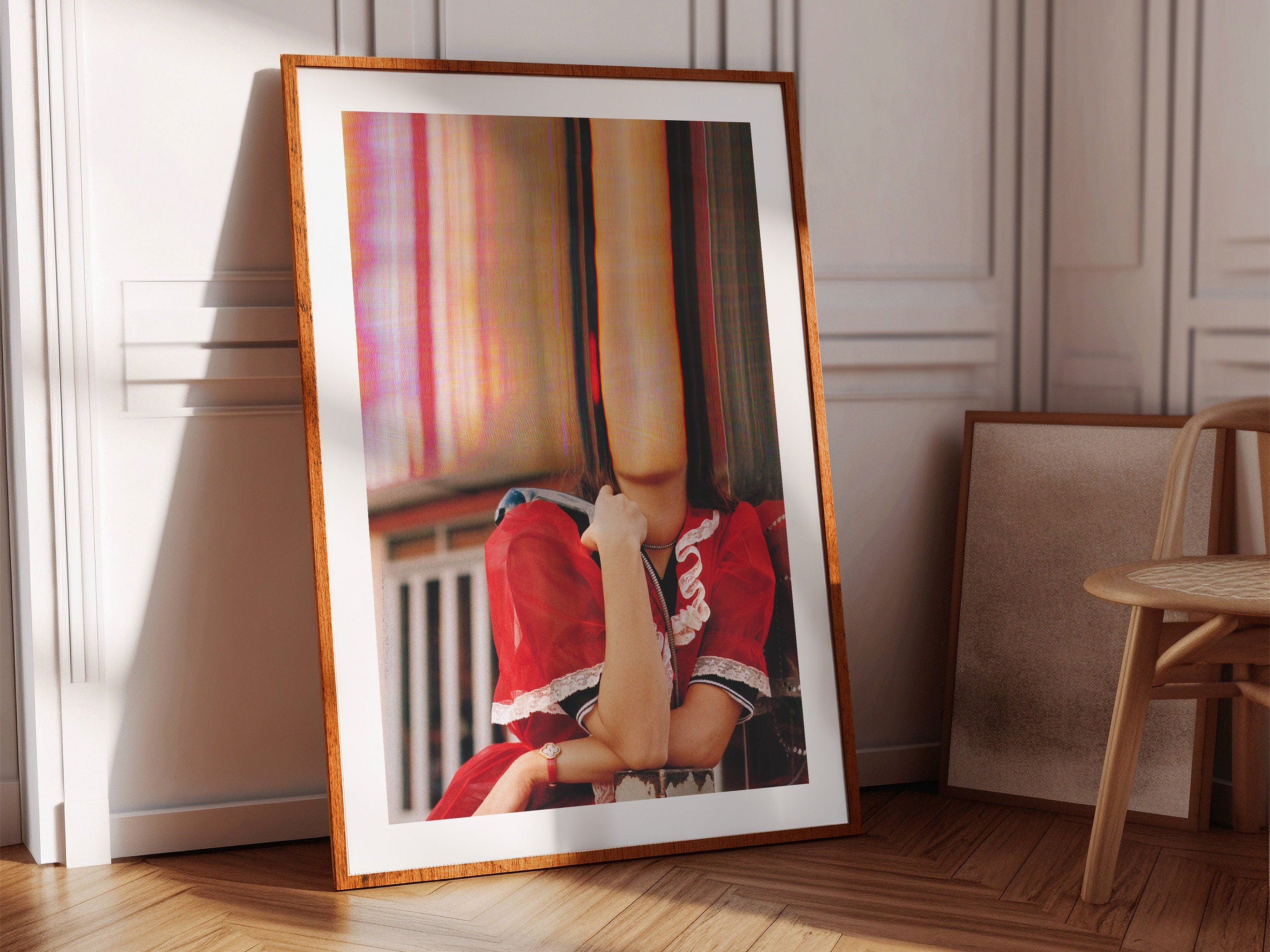 Altered Romantic Portrait Photo - Red, White Woman Holding Payphone, Cute Wall Decor for Home, Office, Bedroom | Untitled (208) Giclée Print