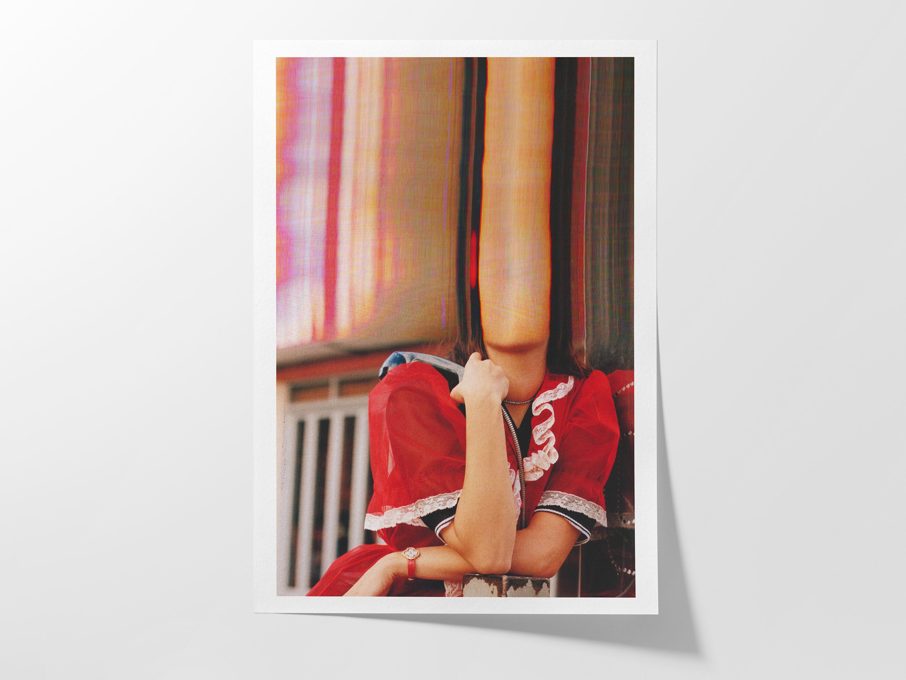 Altered Romantic Portrait Photo - Red, White Woman Holding Payphone, Cute Wall Decor for Home, Office, Bedroom | Untitled (208) Giclée Print