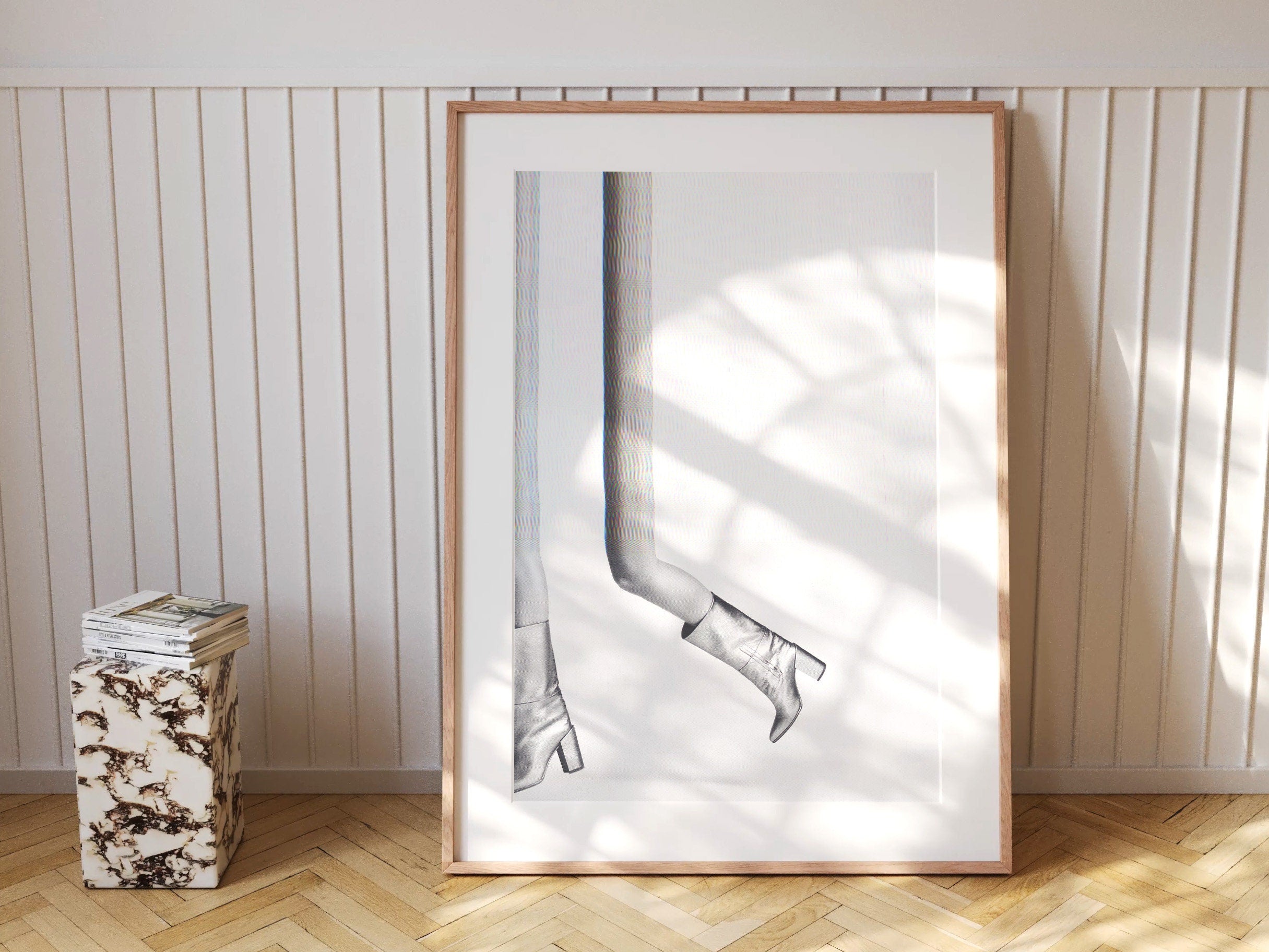 Metallic Boots Glitch Black and White Fashion Photo - Playful Minimalist Wall Decor for Home, Office, Bathroom | Untitled (217) Giclée Print