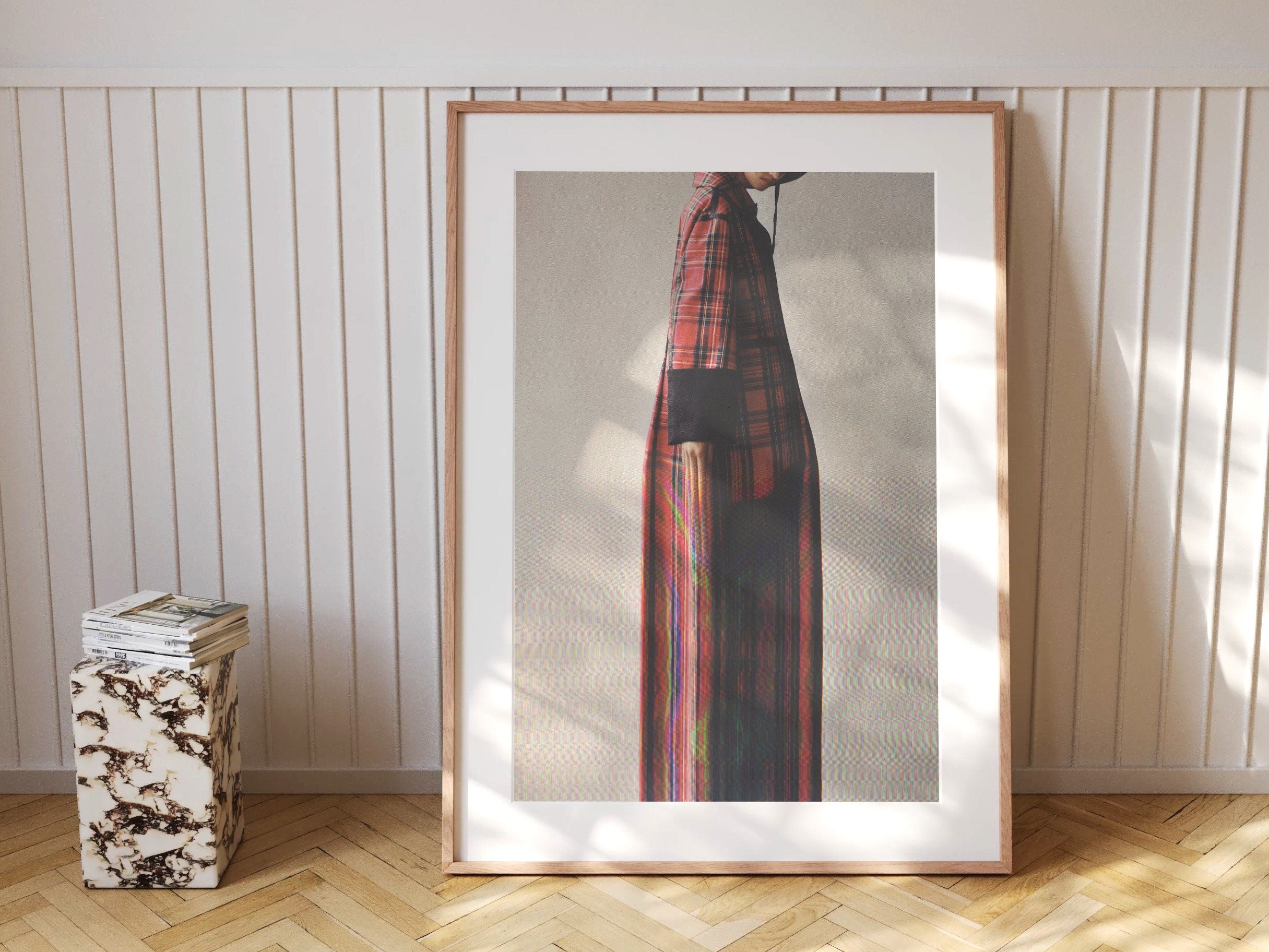 Grey Minimal Altered Fashion Photo Wall Art - Red Fall Flannel Artwork for Home, Office, Bedroom, Guest Room | Untitled (241) Giclée Print