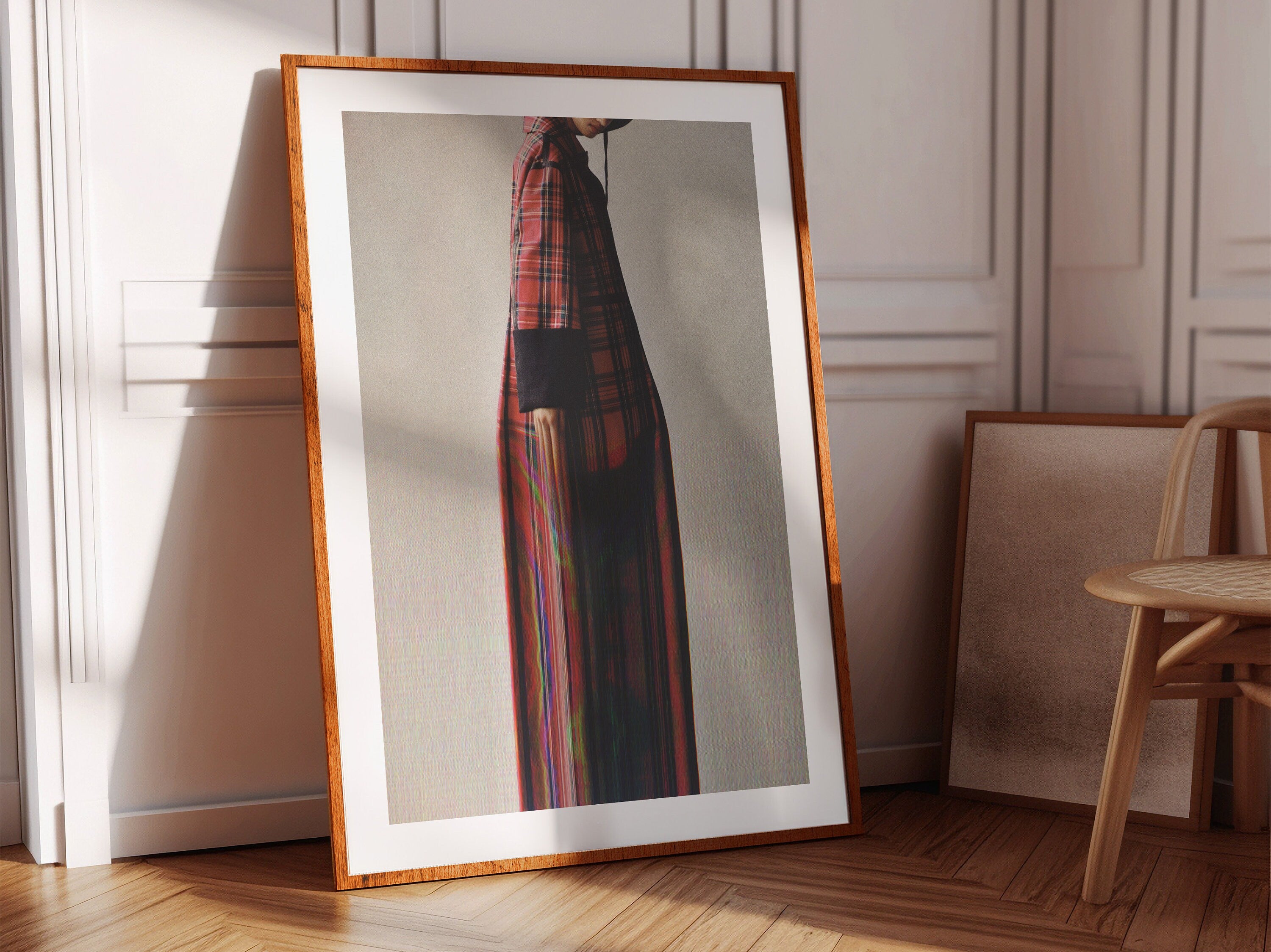 Grey Minimal Altered Fashion Photo Wall Art - Red Fall Flannel Artwork for Home, Office, Bedroom, Guest Room | Untitled (241) Giclée Print