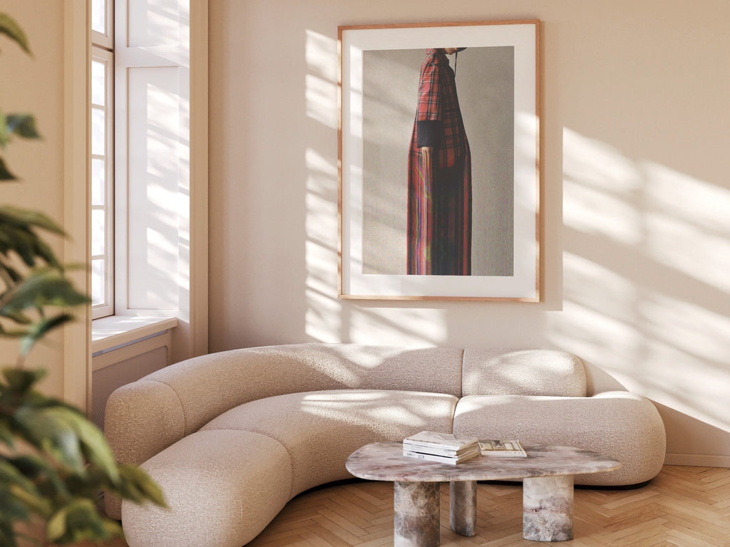 Grey Minimal Altered Fashion Photo Wall Art - Red Fall Flannel Artwork for Home, Office, Bedroom, Guest Room | Untitled (241) Giclée Print