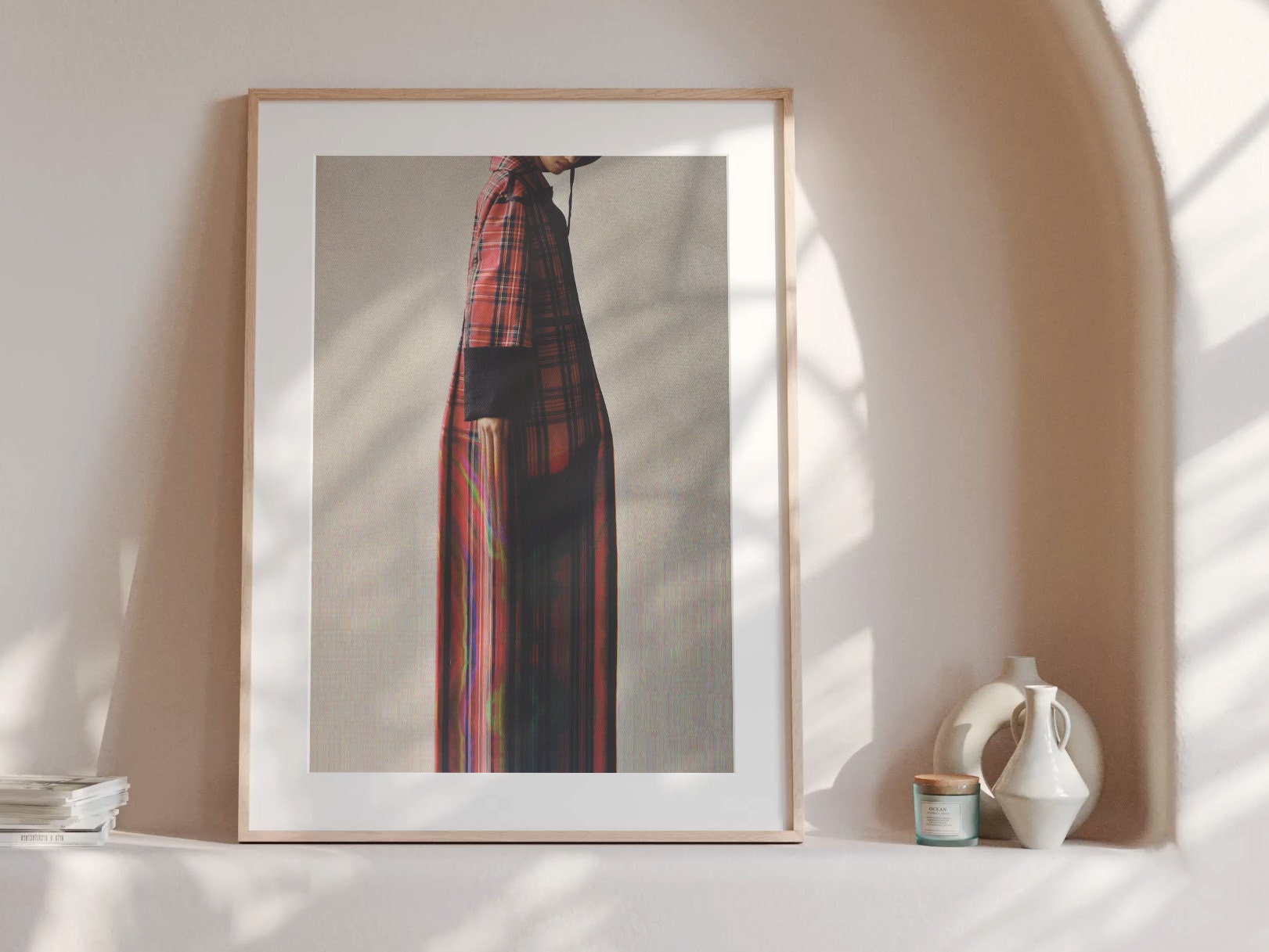 Grey Minimal Altered Fashion Photo Wall Art - Red Fall Flannel Artwork for Home, Office, Bedroom, Guest Room | Untitled (241) Giclée Print