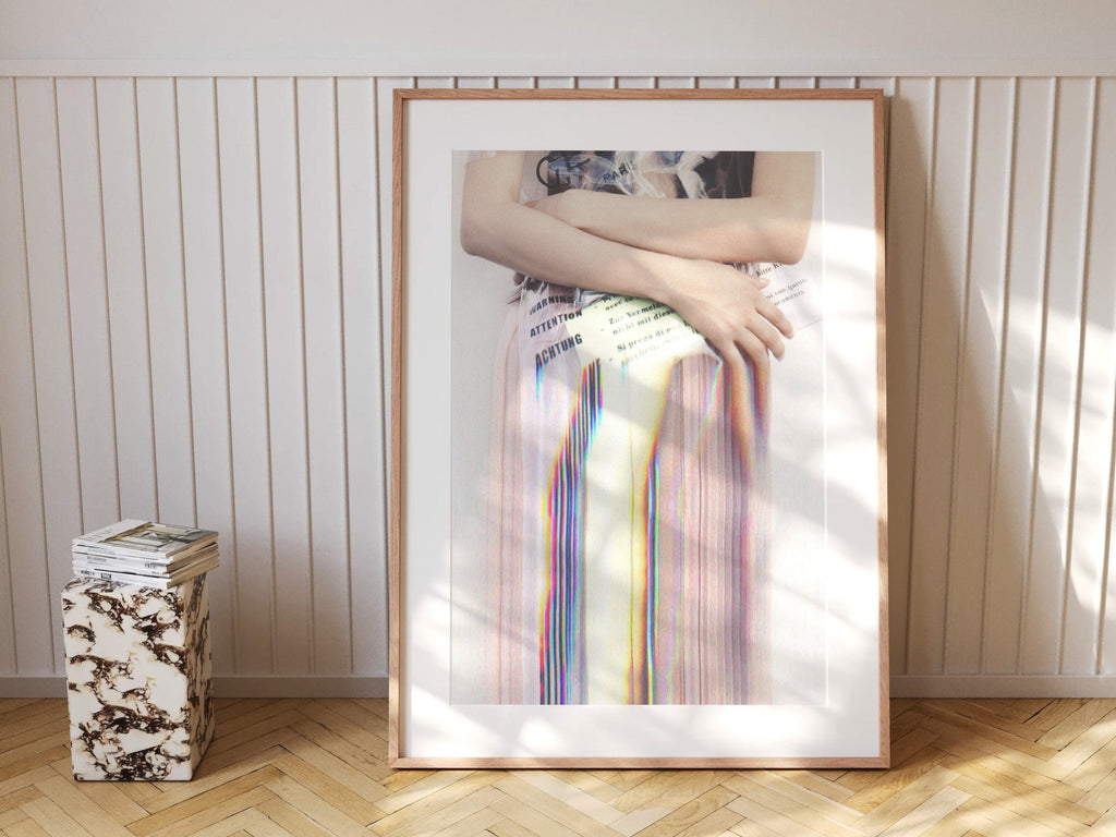 Pink and White Altered Fashion Photo Wall Art - Trippy Glitch Achtung Warning Handbag - Eclectic Wall Decor | Untitled (249) Giclée Print