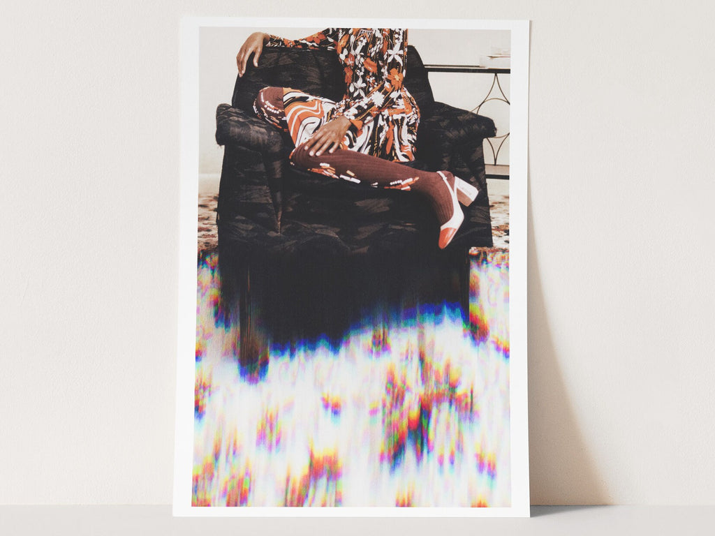 Retro 1970s Living Room Wall Art Print - African American Glitch Fashion Photo - Orange, Brown, Black Floral | Untitled (278) Giclée Print