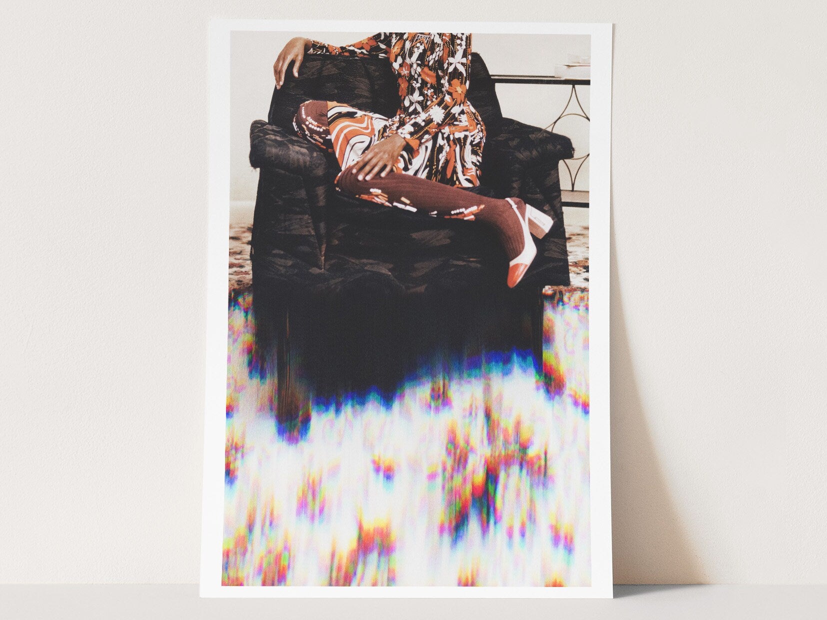 Retro 1970s Living Room Wall Art Print - African American Glitch Fashion Photo - Orange, Brown, Black Floral | Untitled (278) Giclée Print