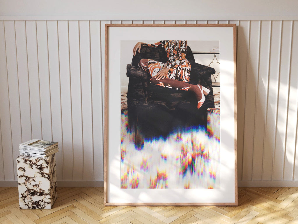 Retro 1970s Living Room Wall Art Print - African American Glitch Fashion Photo - Orange, Brown, Black Floral | Untitled (278) Giclée Print